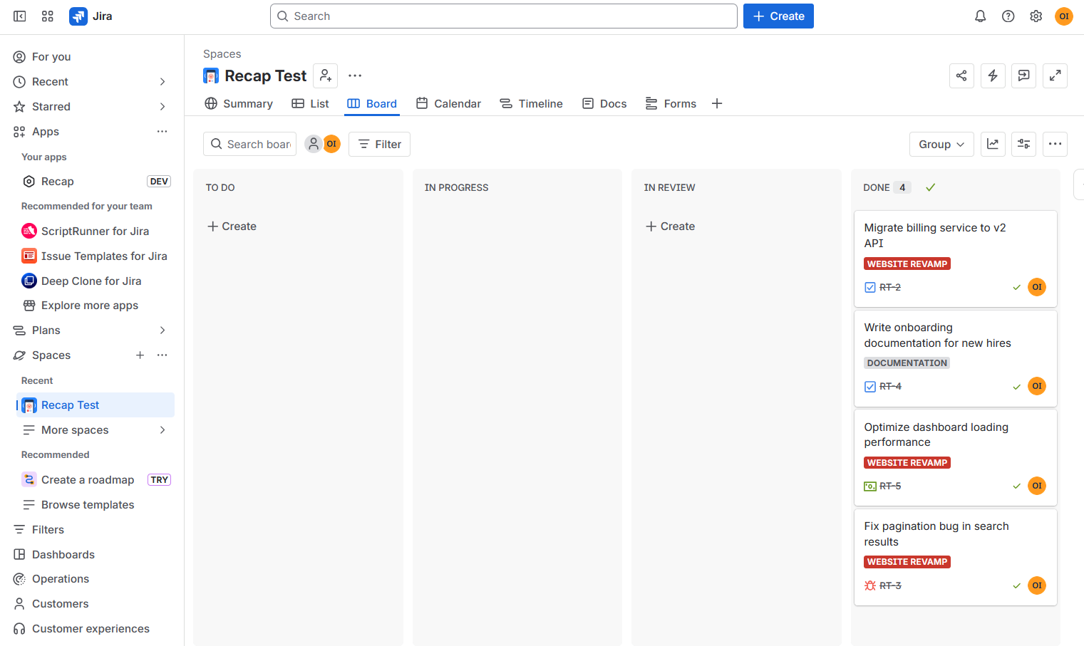 Recap in Jira finishing report generation, pulling in the last 30 days of completed work.