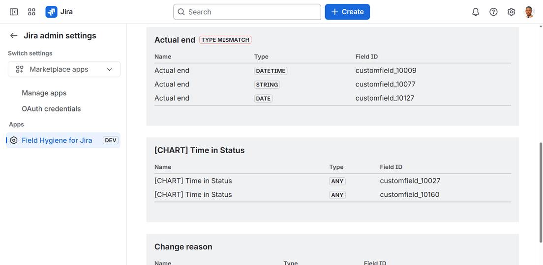 Field Hygiene in Jira showing grouped duplicate and near-duplicate custom field names.