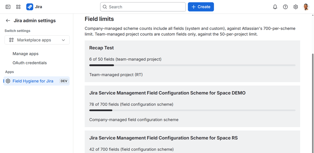 Field Hygiene showing a live read on how close a site is to Atlassian’s field-count limits.