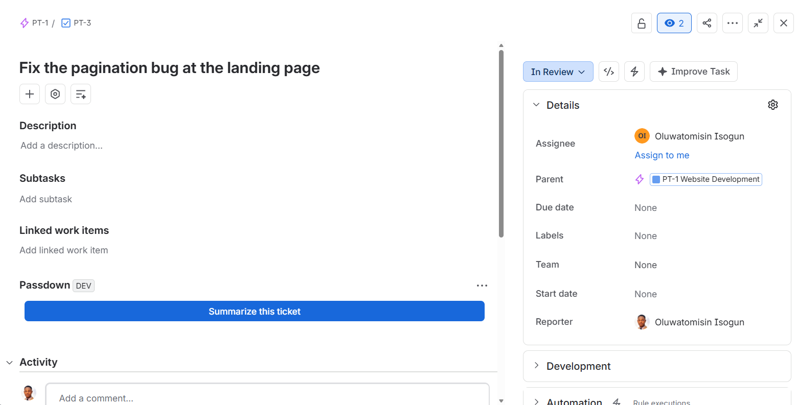 Passdown in Jira showing a generated plain-language ticket summary in the issue panel.