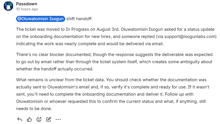 Passdown in Jira showing an automated shift-handoff brief posted as a native comment with the incoming person mentioned.